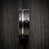 Black Tungsten Faceted Men's Ring with Golden Inlay and Sleeve