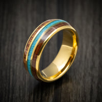 Golden Tungsten Men's Ring with Rose Wood and Turquoise Inlays
