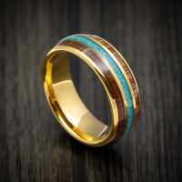 Golden Tungsten Men's Ring with Rose Wood and Turquoise Inlays
