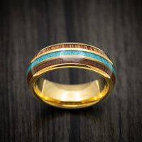 Golden Tungsten Men's Ring with Rose Wood and Turquoise Inlays