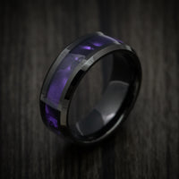 Black Tungsten Men's Ring with Purple Cypraea Tigris Inlay