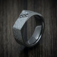 Black Titanium or Black Zirconium Custom Men's Signet Ring with Black Diamonds and a Hammer Finish