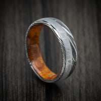 Woodgrain Kuro Damascus Steel Men's Ring with Meteorite and Wood Sleeve