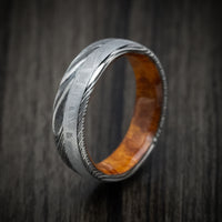Woodgrain Kuro Damascus Steel Men's Ring with Meteorite and Wood Sleeve