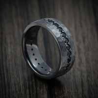 Black Titanium or Black Zirconium Custom Men's Ring with Eternity Black Diamonds and a Hammered Finish