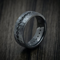 Black Titanium or Black Zirconium Custom Men's Ring with Eternity Black Diamonds and a Hammered Finish