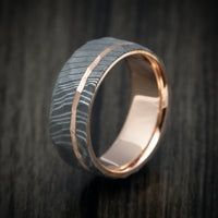 Damascus Steel 14K Gold Sleeve and Inlay Men's Ring with Rock Hammer Finish