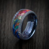 Kuro-Ti Heat-Treated Titanium Damascus and DiamondCast Inlay Men's Ring Custom Made