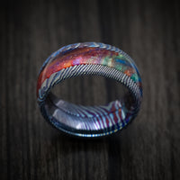 Kuro-Ti Heat-Treated Titanium Damascus and DiamondCast Inlay Men's Ring Custom Made