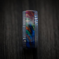 Kuro-Ti Heat-Treated Titanium Damascus and DiamondCast Inlay Men's Ring Custom Made