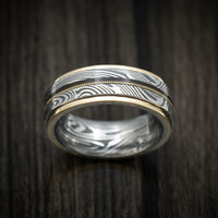 Sunset Kuro Damascus Steel and Guitar String Men's Ring with Gold Edges Custom Made