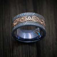 Kuro-Ti Heat-Treated Titanium Damascus and Gold Celtic Dragon Custom Men's Ring