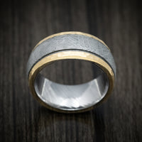 14K Gold and Gibeon Meteorite Men's Ring with Damascus Steel Sleeve and Cerakote Grooves