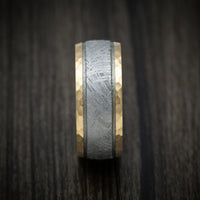 14K Gold and Gibeon Meteorite Men's Ring with Damascus Steel Sleeve and Cerakote Grooves