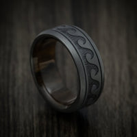 Black Titanium or Black Zirconium Custom Men's Ring with Wave Design and Wood Sleeve