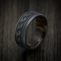 Black Titanium or Black Zirconium Custom Men's Ring with Wave Design and Wood Sleeve