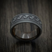 Black Titanium or Black Zirconium Custom Men's Ring with Wave Design and Wood Sleeve