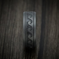 Black Titanium or Black Zirconium Custom Men's Ring with Wave Design and Wood Sleeve