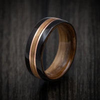 Ebony Wood ring with Whiskey Barrel Wood Inlay/Sleeve and Double Copper Inlays
