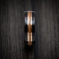 Ebony Wood ring with Whiskey Barrel Wood Inlay/Sleeve and Double Copper Inlays