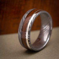 Damascus Steel Men's Ring with Dinosaur Bone and 14K Gold Inlay Custom Made Band