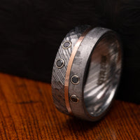 Kuro Damascus Steel Meteorite Men's Ring with Gold and Black Diamonds Custom Made Band