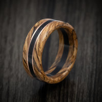 Whiskey Barrel Wood and Ebony Wood Marbled Wood Men's Ring with Rose Gold Inlay Custom Made Band