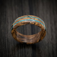 Whiskey Barrel Marbled Wood Men's Ring with Turquoise Inlays Custom Made Band