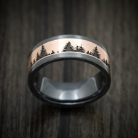 Black Zirconium And Gold Spruce Pine Tree Design Men's Ring