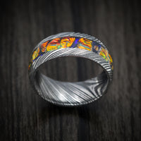 Woodgrain Kuro Damascus Steel and Dichrolam Inlay Men's Ring Custom Made Band