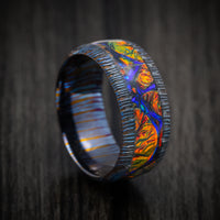 Kuro-Ti Heat-Treated Titanium Damascus and Dichrolam Inlay Men's Ring Custom Made Band