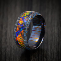 Kuro-Ti Heat-Treated Titanium Damascus and Dichrolam Inlay Men's Ring Custom Made Band