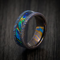 Kuro-Ti Heat-Treated Titanium Damascus and Dichrolam Inlay Men's Ring Custom Made Band