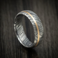 Woodgrain Kuro Damascus Steel Men's Ring And 14k Gold Wedding Band Genuine Craftsmanship Custom Made