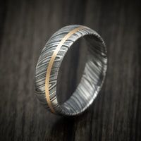 Woodgrain Kuro Damascus Steel Men's Ring And 14k Gold Wedding Band Genuine Craftsmanship Custom Made