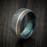 Damascus Steel and Black Mother of Pearl Men's Ring with 14K Gold Inlay