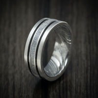 Platinum Men's Ring with Meteorite and Dinosaur Bone Inlays and Woodgrain Kuro Damascus Steel Sleeve