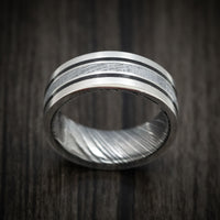 Platinum Men's Ring with Meteorite and Dinosaur Bone Inlays and Woodgrain Kuro Damascus Steel Sleeve