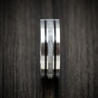 Platinum Men's Ring with Meteorite and Dinosaur Bone Inlays and Woodgrain Kuro Damascus Steel Sleeve