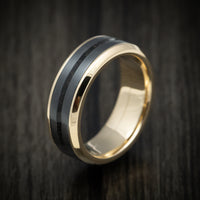 Yellow Gold Men's Ring with Zirconium and Dinosaur Bone Inlays Custom Made Band