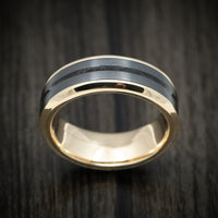 Yellow Gold Men's Ring with Zirconium and Dinosaur Bone Inlays Custom Made Band