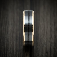 Yellow Gold Men's Ring with Zirconium and Dinosaur Bone Inlays Custom Made Band