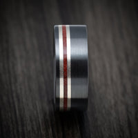 Black Titanium Men's Ring with Silver and Coral Inlays Custom Made Band