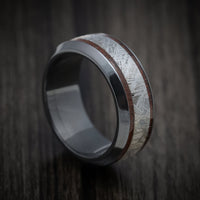 Black Titanium or Black Zirconium Custom Men's Ring with Dinosaur Bone and Meteorite Inlays Custom Made Band
