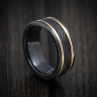 Black Titanium or Black Zirconium Custom Men's Ring with Forged Carbon Fiber and 14K Gold Inlays