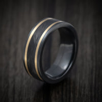 Black Titanium or Black Zirconium Custom Men's Ring with Forged Carbon Fiber and 14K Gold Inlays