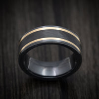 Black Titanium or Black Zirconium Custom Men's Ring with Forged Carbon Fiber and 14K Gold Inlays