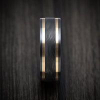 Black Titanium or Black Zirconium Custom Men's Ring with Forged Carbon Fiber and 14K Gold Inlays