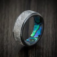 Black Titanium or Black Zirconium Custom Men's Ring with Gibeon Meteorite Inlay and Abalone Sleeve