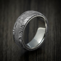 Damascus Steel Men's Ring with Gibeon Meteorite Inlay and Titanium Sleeve Custom Made Band
